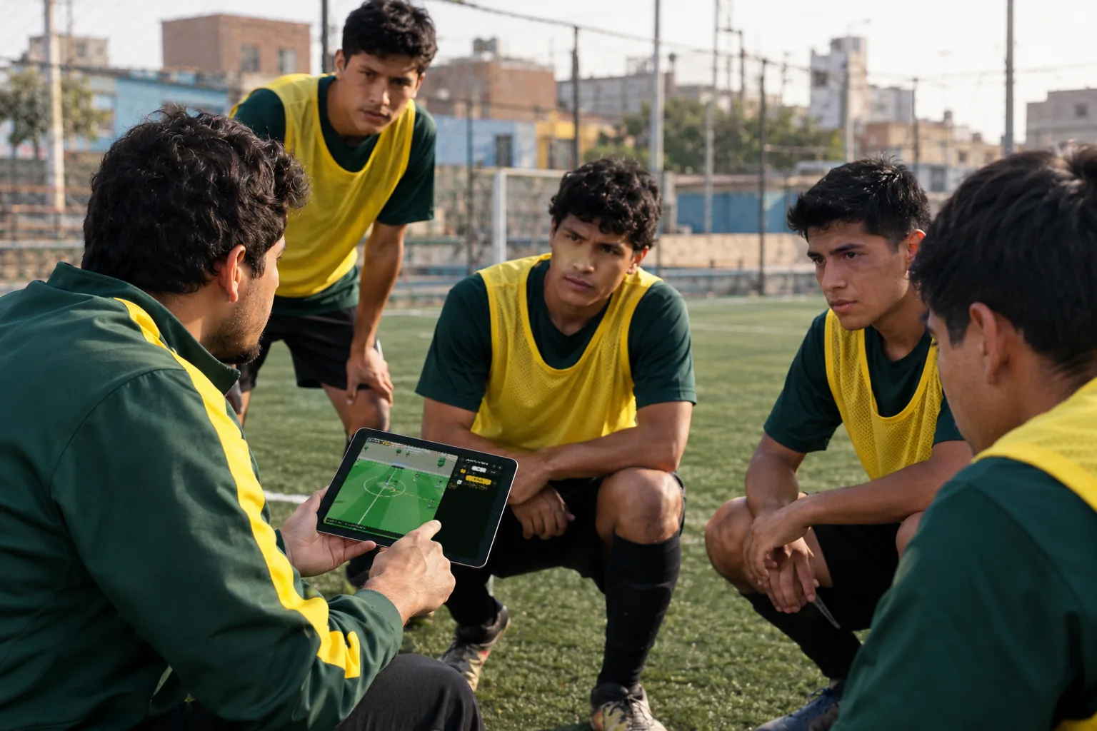 Jugadores agachados alrededor de la tablet del profe, mirando la jugada en 3D