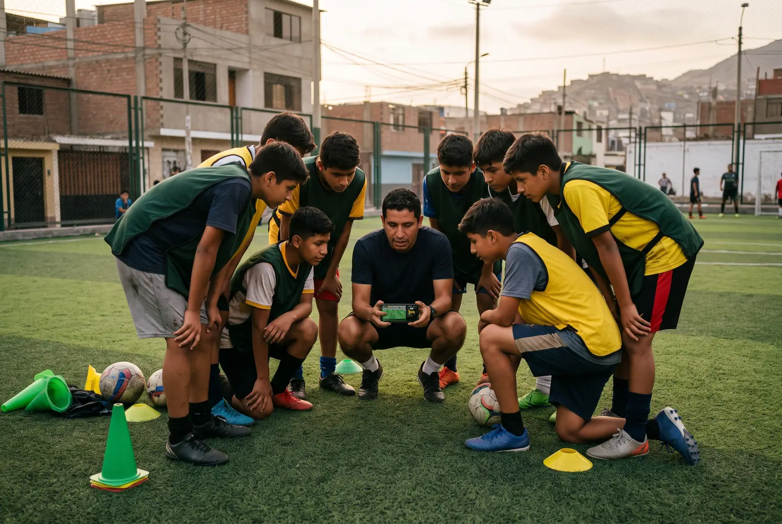 El profe agachado en la cancha muestra la jugada en su celular a un grupo de chicos que lo rodean
