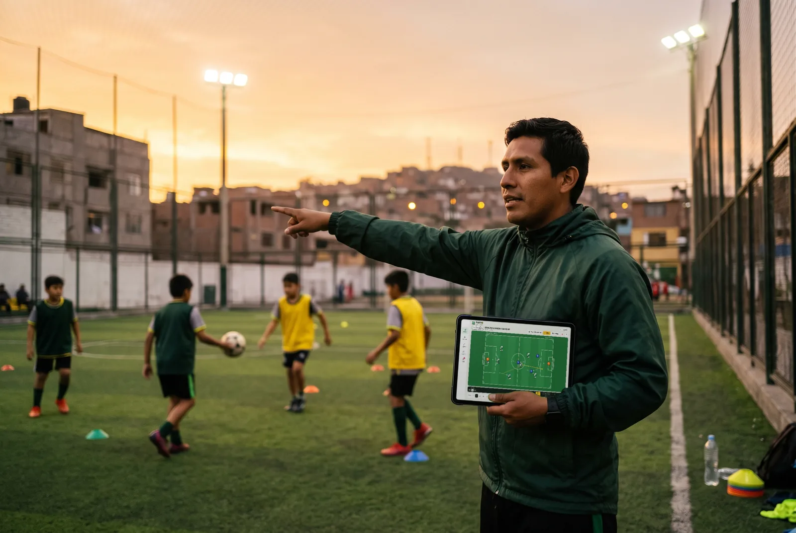 Un profe en la cancha al atardecer, con la tablet en la mano mostrando una jugada en Planteo, mientras sus alumnos entrenan